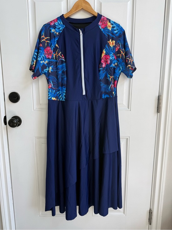 Swim Mulvari Other - Swim Dress Navy Floral Short Sleeve Zip-Front Shorts Modest Beachy Tropical